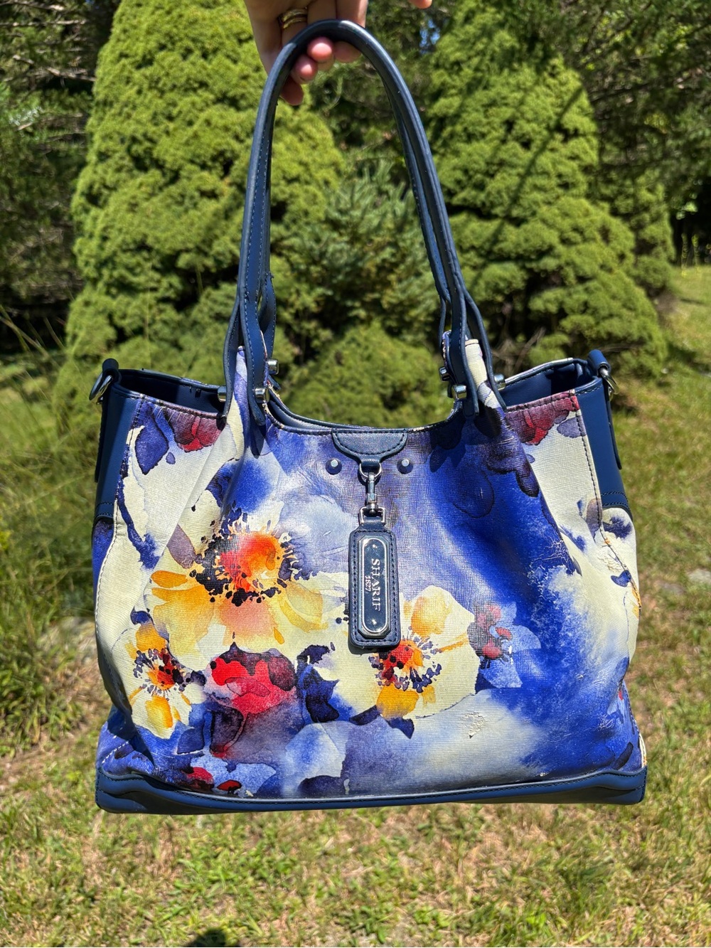 Sharif Blue Floral Crossbody Tote with Yellow & Red Accents